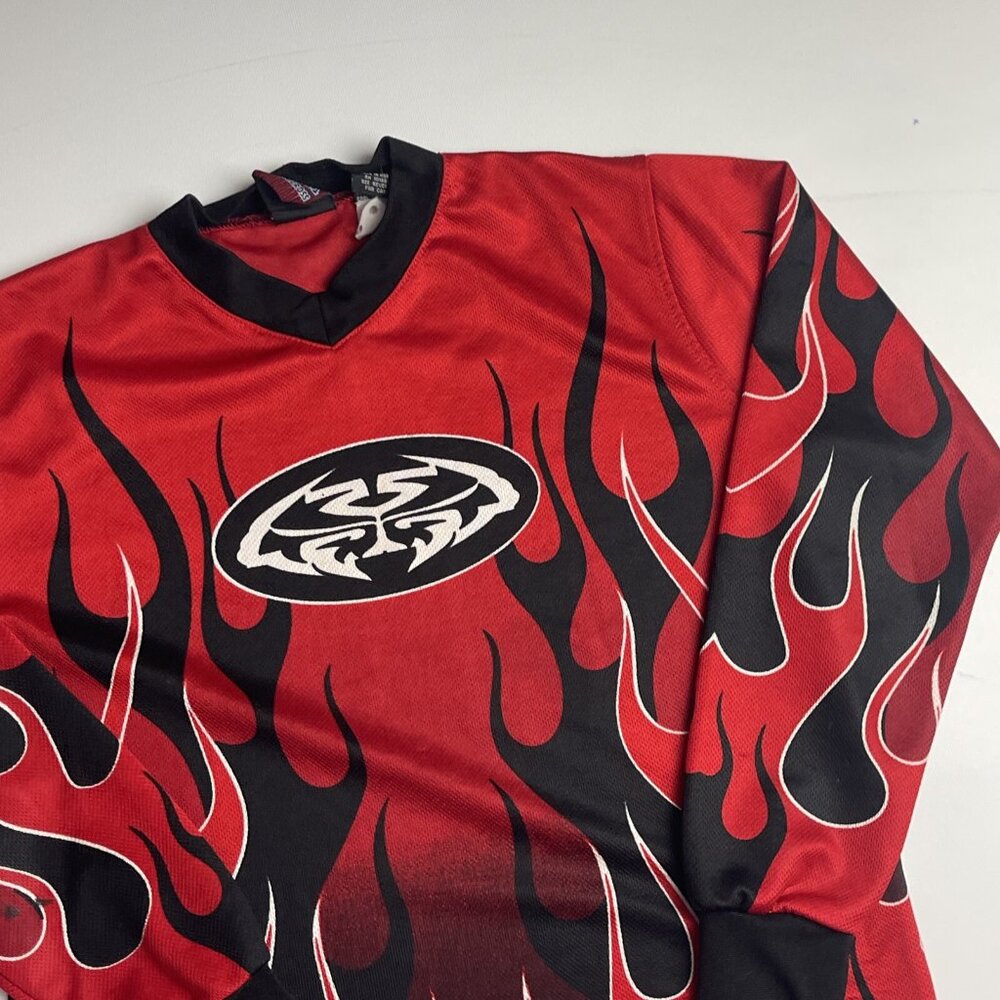 MTX Motocross Racing Shirt Red Flame Black Youth Boys Small 8 Long Sleeve READ*